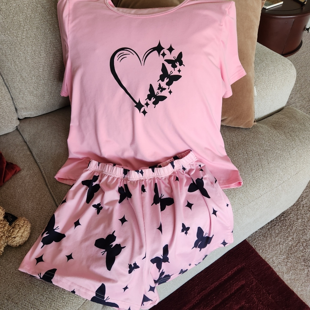 Pink Butterfly Print Pajama Set
